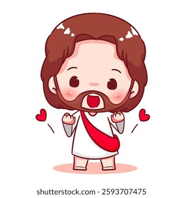 Cute Jesus chibi cheerful cartoon character. Christian Catholic concept design. Vector icon mascot illustration.