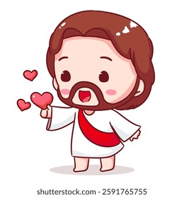 Cute Jesus chibi giving love cartoon character. Christian Catholic concept design. Vector icon mascot illustration.