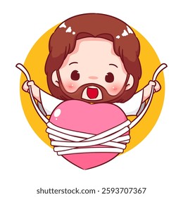 Cute Jesus chibi healing heart cartoon character. Christian Catholic concept design. Vector icon mascot illustration.