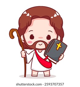 Cute Jesus chibi holding bible cartoon character. Christian Catholic concept design. Vector icon mascot illustration.