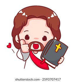 Cute Jesus chibi holding bible and thumb up cartoon character. Christian Catholic concept design. Vector icon mascot illustration.