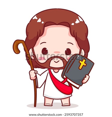 Cute Jesus chibi holding bible cartoon character. Christian Catholic concept design. Vector icon mascot illustration.