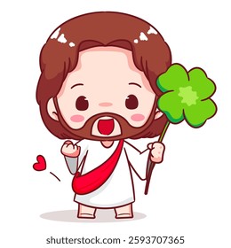 Cute Jesus chibi holding clover leaf cartoon character. Christian Catholic concept design. Vector icon mascot illustration.