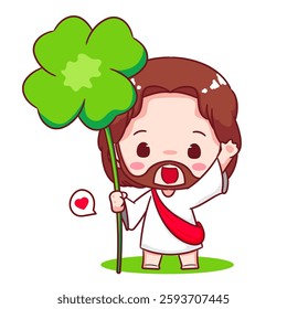 Cute Jesus chibi holding clover leaf cartoon character. Christian Catholic concept design. Vector icon mascot illustration.