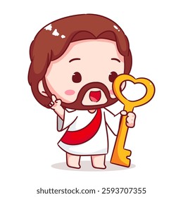 Cute Jesus chibi holding golden key cartoon character. Christian Catholic concept design. Vector icon mascot illustration.