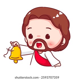 Cute Jesus chibi holding golden ring bell cartoon character. Christian Catholic concept design. Vector icon mascot illustration.