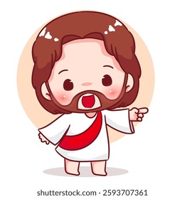 Cute Jesus chibi pointing hand cartoon character. Christian Catholic concept design. Vector icon mascot illustration.