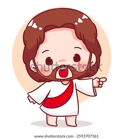 Cute Jesus chibi pointing hand cartoon character. Christian Catholic concept design. Vector icon mascot illustration.