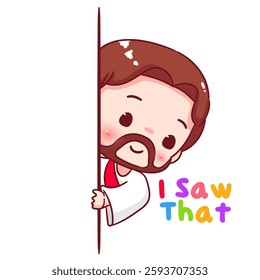 Cute Jesus chibi I saw that cartoon character. Christian Catholic concept design. Vector icon mascot illustration.