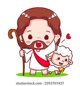 Cute Jesus chibi with the sheep cartoon character. Christian Catholic concept design. Vector icon mascot illustration.