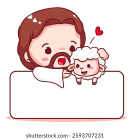 Cute Jesus chibi with the sheep holding billboard cartoon character. Christian Catholic concept design. Vector icon mascot illustration.