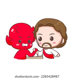 Cute Jesus Christ arm-wrestling with devil cartoon character. Christian religion concept design. Hand drawn Chibi character clip art sticker Isolated white background. Vector art illustration