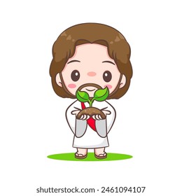 Cute Jesus Christ carries seed cartoon character. Hand drawn Chibi character, clip art, sticker, isolated white background. Christian Bible for kids. Mascot logo icon vector art illustration