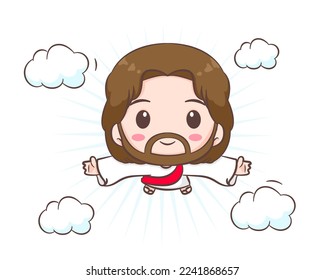 Cute Jesus Christ cartoon character. Hand drawn Chibi character, clip art, sticker, isolated white background. Ascension Day of Jesus. Mascot logo icon vector art illustration