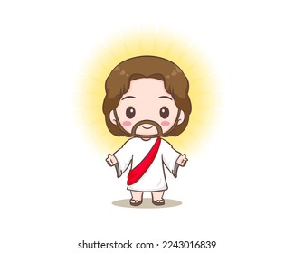 Cute Jesus Christ cartoon character. Hand drawn Chibi character, clip art, sticker, isolated white background. Christian Bible for kids. Mascot logo icon vector art illustration