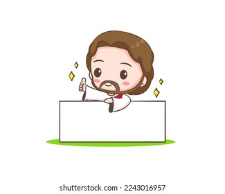 Cute Jesus Christ cartoon character holding empty sign billboard showing thumb up. Hand drawn Chibi character, clip art, sticker, isolated white background. Mascot logo icon vector art illustration