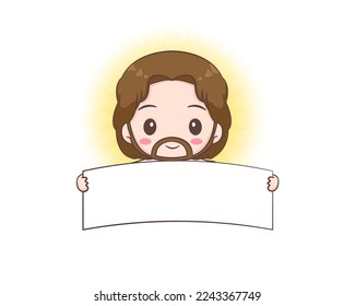 Cute Jesus Christ cartoon character holding empty sign banner billboard. Hand drawn Chibi character, clip art, sticker, isolated white background. Mascot logo icon vector art illustration