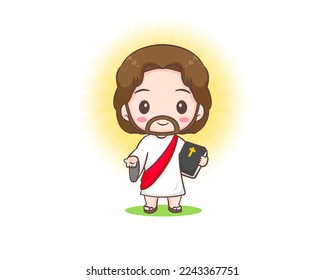 Caricatura educada de Jesucristo sosteniendo la biblia. Carácter Chibi dibujado a mano, arte clip, pegatina, fondo blanco aislado. Biblia cristiana para los niños. Icono de logotipo de mascota ilustración de vectores