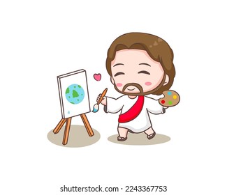 Cute Jesus Christ cartoon character panting the earth. Hand drawn Chibi character, clip art, sticker, isolated white background. Christian Bible for kids. Mascot logo icon vector art illustration