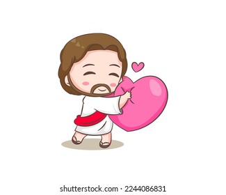 Cute Jesus Christ cartoon character hugging big love heart. Hand drawn Chibi character, clip art, sticker, isolated white background. Christian Bible for kids. Mascot logo icon vector art illustration