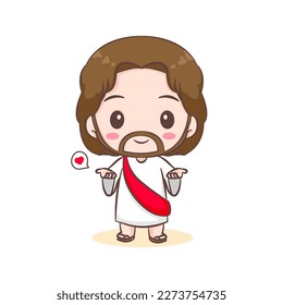 Cute Jesus Christ cartoon character. Hand drawn Chibi character, clip art, sticker, isolated white background. Christian Bible for kids. Mascot logo icon vector art illustration