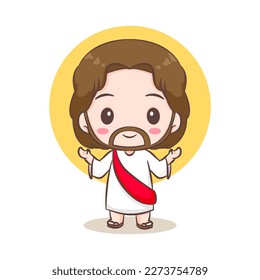 Cute Jesus Christ cartoon character. Hand drawn Chibi character, clip art, sticker, isolated white background. Christian Bible for kids. Mascot logo icon vector art illustration