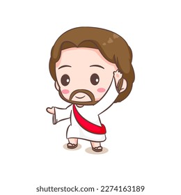 Cute Jesus Christ cartoon character. Hand drawn Chibi character, clip art, sticker, isolated white background. Christian Bible for kids. Mascot logo icon vector art illustration