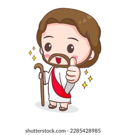 Cute Jesus Christ cartoon character showing thumb up. Christian religion concept design. Hand drawn Chibi character clip art sticker Isolated white background. Vector art illustration