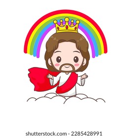 Cute Jesus Christ cartoon character second coming on clouds with rainbow and golden crown. Christian religion concept design. Hand drawn Isolated white background. Vector art illustration