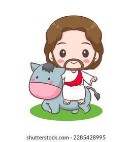 Cute Jesus Christ cartoon character riding donkey. Christian religion concept design. Hand drawn Chibi character clip art sticker Isolated white background. Vector art illustration