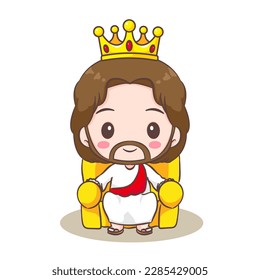 Cute Jesus Christ cartoon character sitting on throne. Christian religion concept design. Hand drawn Chibi character clip art sticker Isolated white background. Vector art illustration