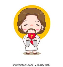 Cute Jesus Christ cartoon character with love heart. Hand drawn Chibi character, clip art, sticker, isolated white background. Christian Bible for kids. Mascot logo icon vector art illustration