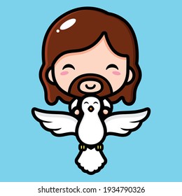Cute Jesus Christ flying with a dove
