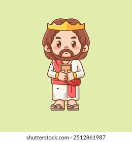 Cute jesus christ god with bible kawaii chibi character mascot illustration outline style design set