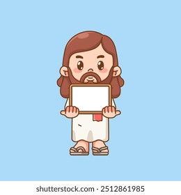 Cute jesus christ god hold blank board kawaii chibi character mascot illustration outline style design set