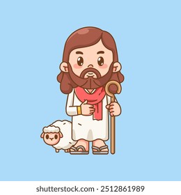 Cute jesus christ god hold stick with sheep kawaii chibi character mascot illustration outline style design set