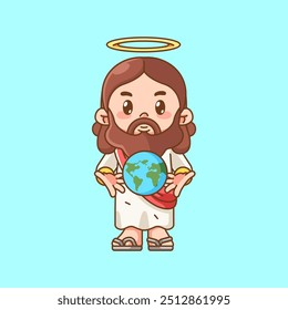 Cute jesus christ god hold earth kawaii chibi character mascot illustration outline style design set