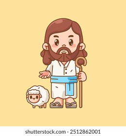 Cute jesus christ god hold stick and sheep kawaii chibi character mascot illustration outline style design set