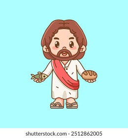 Cute jesus christ god hold bread and fish kawaii chibi character mascot illustration outline style design set