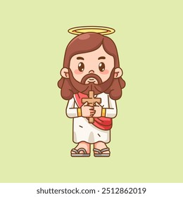 Cute jesus christ god hold cross kawaii chibi character mascot illustration outline style design set