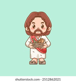 Cute jesus christ god hold bread and fish basket kawaii chibi character mascot illustration outline style design set