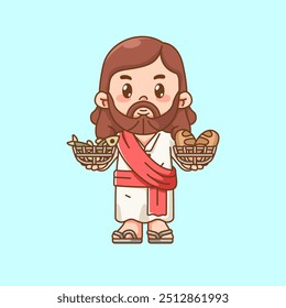 Cute jesus christ god holding bread and fish basket kawaii chibi character mascot illustration outline style design set