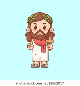 Cute jesus christ god holding cross kawaii chibi character mascot illustration outline style design set