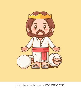 Cute jesus christ god king with sheep kawaii chibi character mascot illustration outline style design set