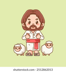 Cute jesus christ god with love sheep kawaii chibi character mascot illustration outline style design set