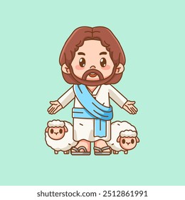 Cute jesus christ god with sheep side kawaii chibi character mascot illustration outline style design set