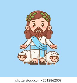 Cute jesus christ god sheep together kawaii chibi character mascot illustration outline style design set