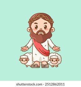 Cute jesus christ god with sheep kawaii chibi character mascot illustration outline style design set