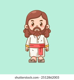 Cute jesus christ god standing kawaii chibi character mascot illustration outline style design set