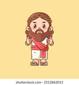 Cute jesus christ god thumbs up kawaii chibi character mascot illustration outline style design set